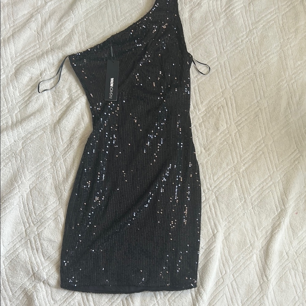 Fashion Nova Black and Silver Asymmetrical Sequin Cocktail Dress